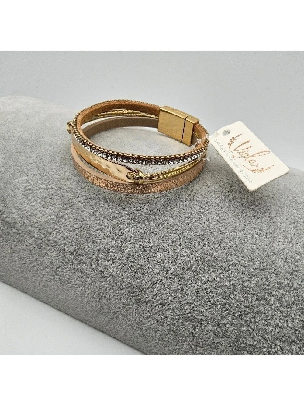 Elegant Gold Plated Multi Chain Leatherette Magnetic Bracelet, Simulated Diamond